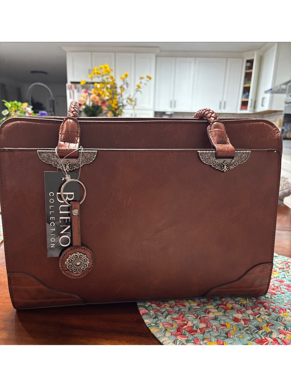 Bueno Brown Faux Leather Satchel with Braided Handles